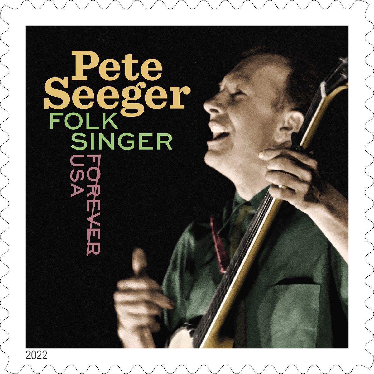 A USPS postage stamp featuring Pete Seeger singing and playing banjo