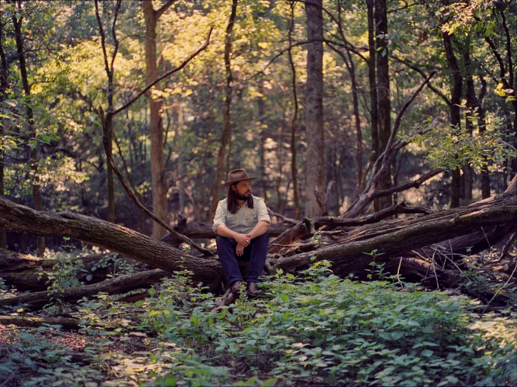 Caleb Caudle sits on a fallen log in sunlit woods
