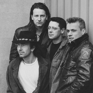 U2 in 1987 on the roof of the BBC in Belfast after a tv appearance