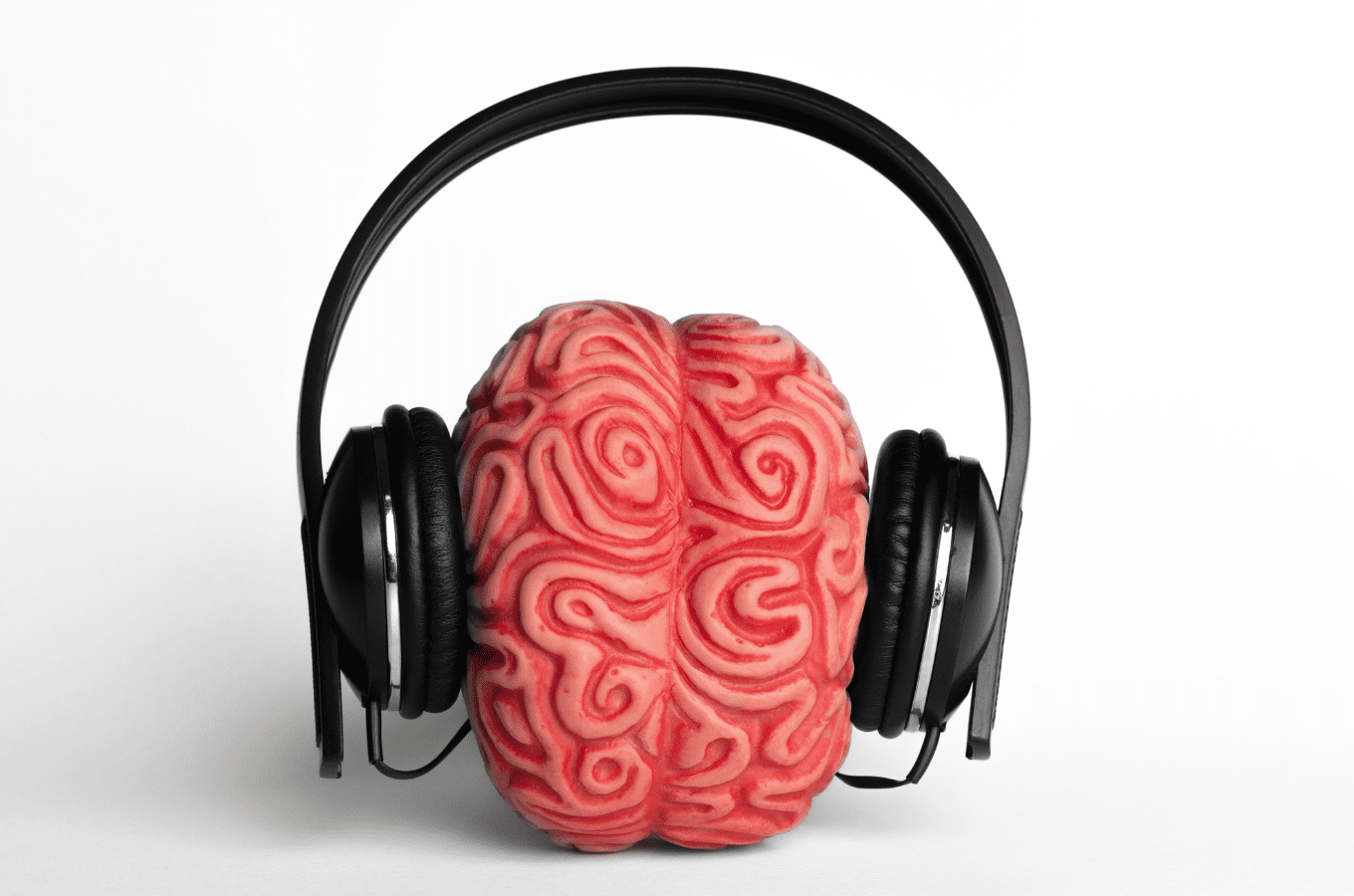 A model of a brain wearing headphones