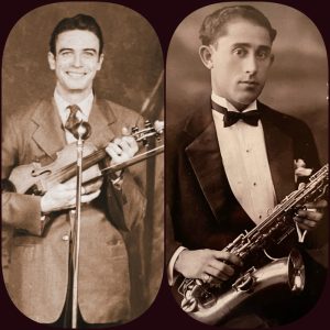 Sepia toned photos of Jim Shumate holding a fiddle and David Weinstein holding a saxophone