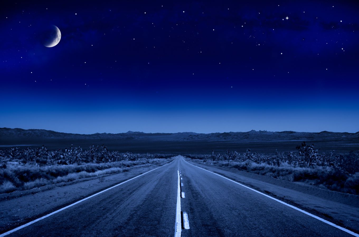 a desolate stretch of road in the desert at night