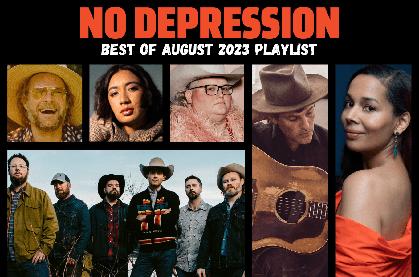 Clockwise from top left, Hiss Golden Messenger, Raye Zaragoza, Joshua Ray Walker, Gregory Alan Isakov, Rhiannon Giddens, and Turnpike Troubadours are featured in No Depression's Best of August 2023 playlist.
