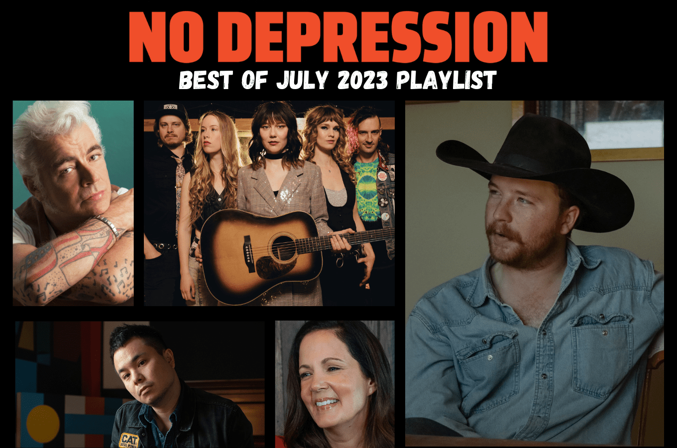 Our Best of July playlist features, clockwise from top left, Dale Watson, Molly Tuttle and Golden Highway, Colter Wall, Lori McKenna, and July Spotlight artist Gabe Lee.