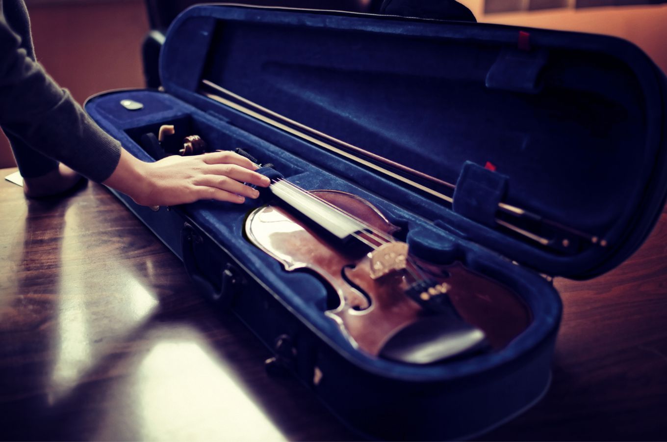 a violin resting in its case