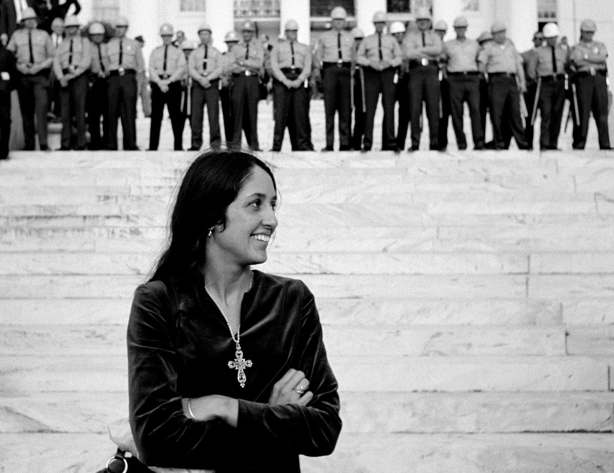 Joan Baez on the steps of the Alabama state capitol in 1965.