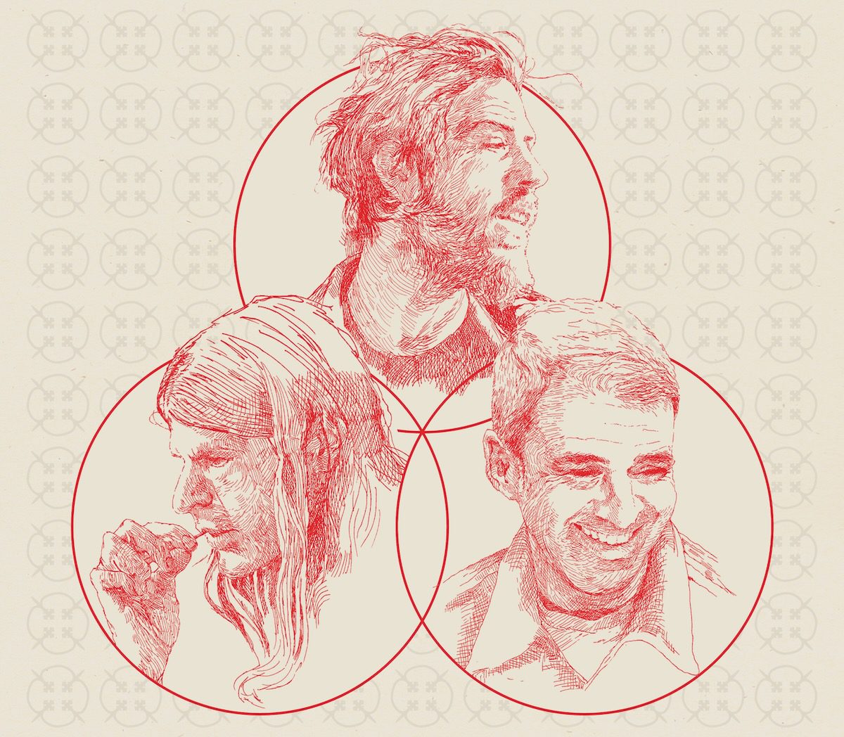 An illustration of three faces enclosed by interlocking circles