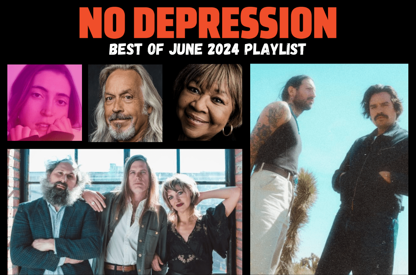 Among the artists featured on our Best of the Month playlist for June 2024 are, clockwise from top left, Alisa Amador, Jim Lauderdale, Mavis Staples, Hermanos Gutierrez, and Bonny Light Horseman.