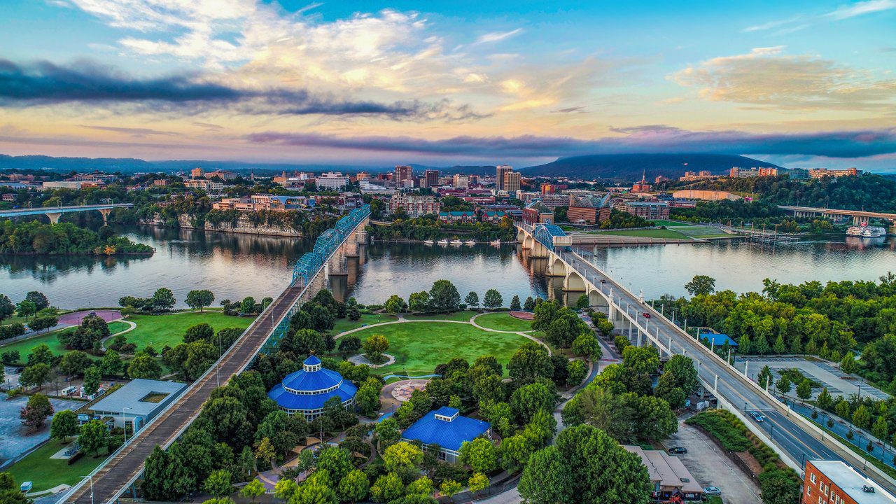 Chattanooga skyline with two bridges in foreground